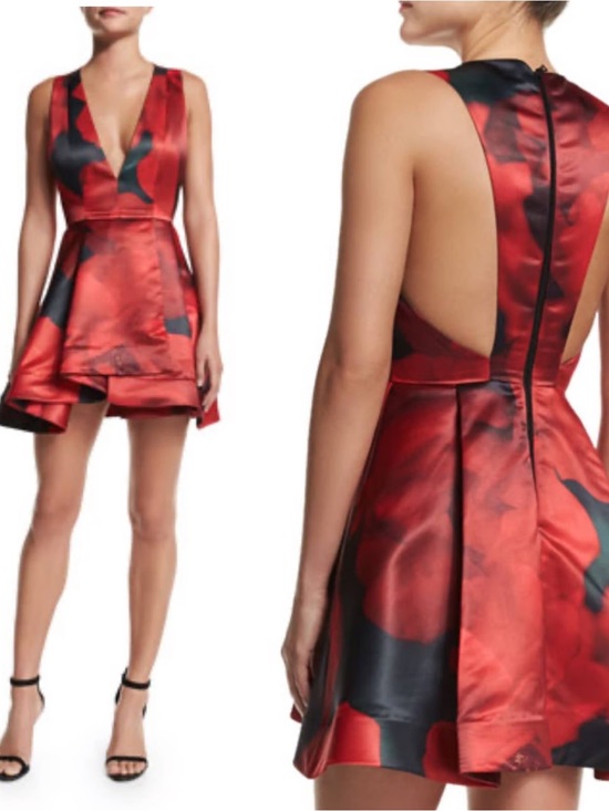Alice + Olivia Dresses & Skirts - Alice + Olivia Red and Black Floral Satin Plunge Mini Dress